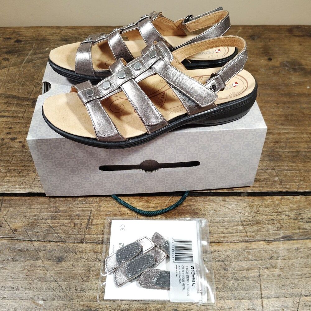 Revere Women's Sz 8 M EU39 Sandals New Toledo Gunmetal Shoes Hook Loop Open Toe